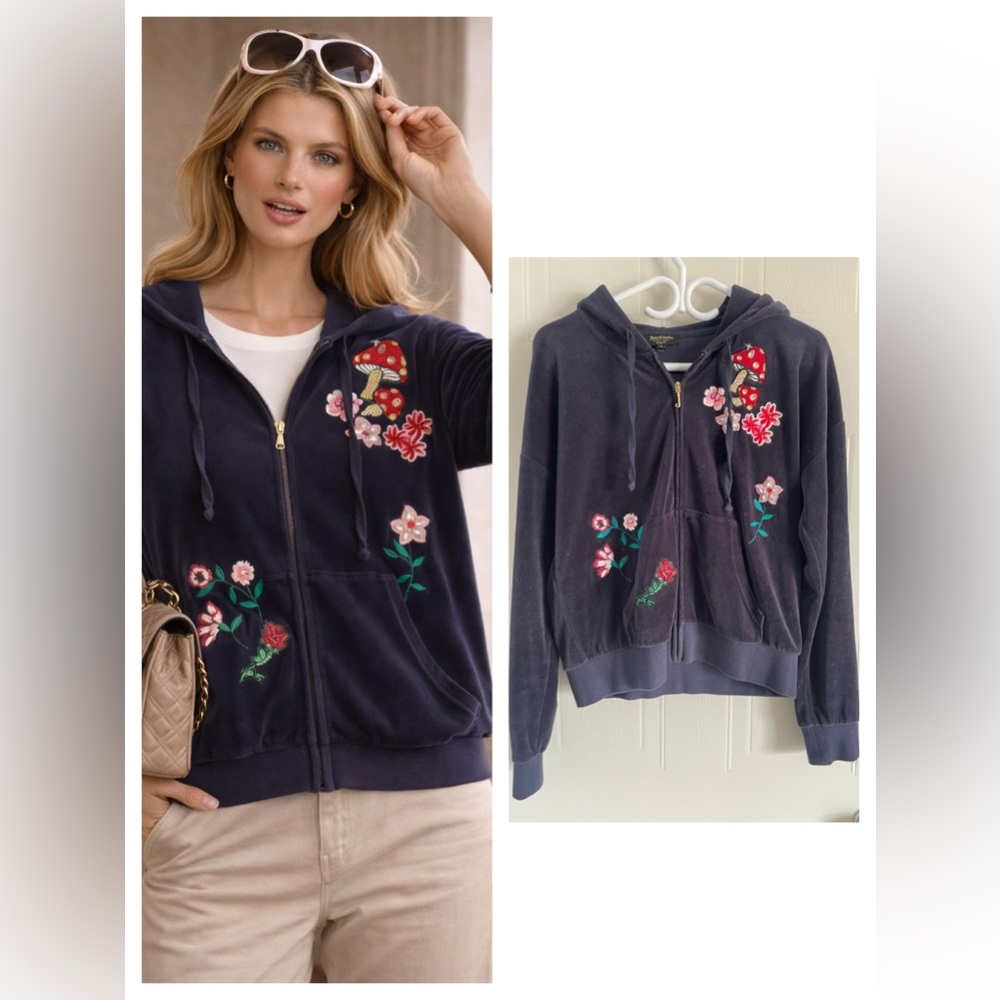 Juicy Couture Blue Velour Zip Hoodie Rhinestone Embroidered Y2K Size M Vintage